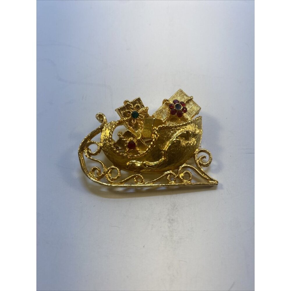 Vintage Gold Toned MYLU Santa Sleigh Brooch Pin